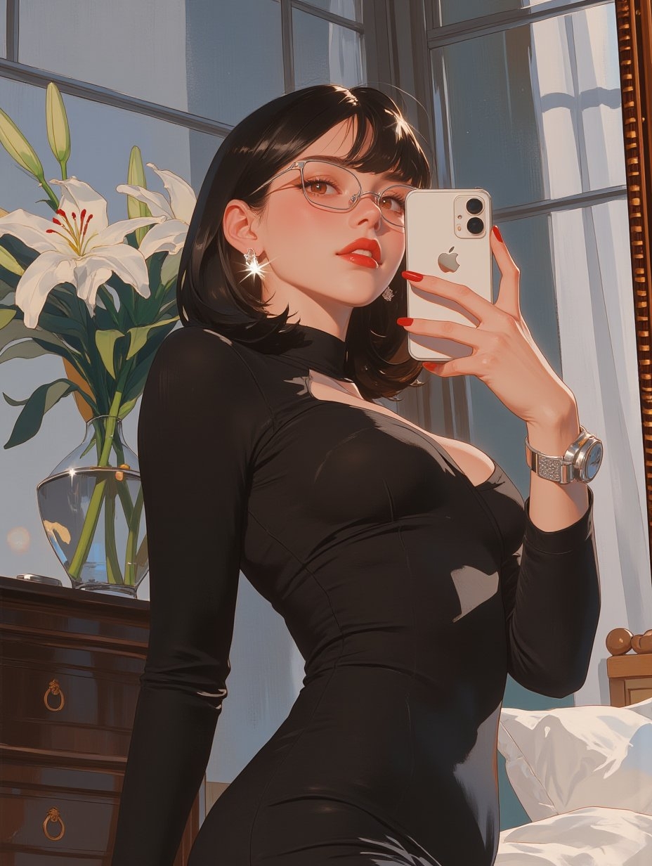 Anime short-haired girl taking a selfie in her bedroom