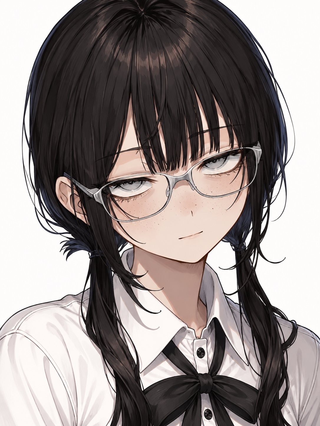 A girl with black twin tails wearing a white shirt with a black bow tie