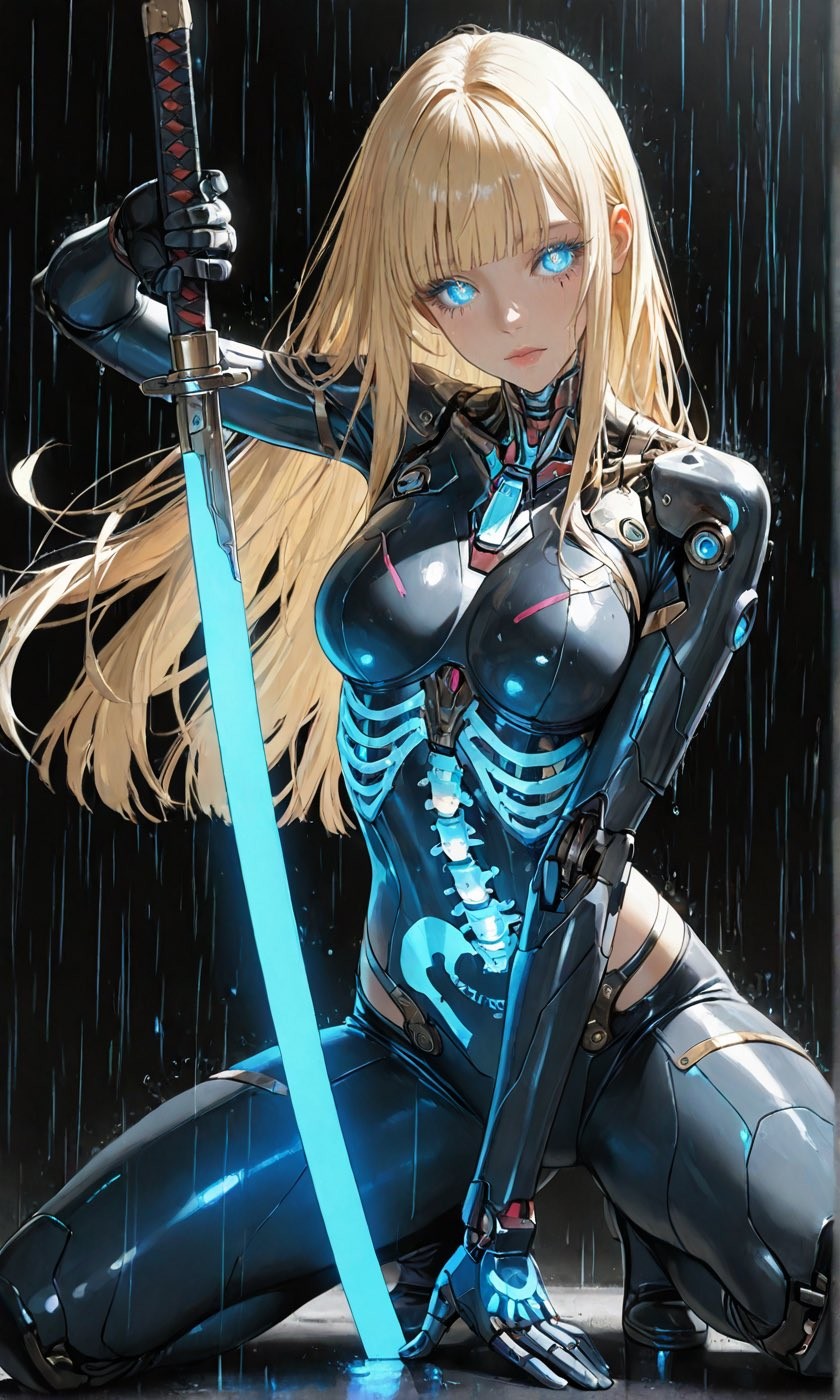 This character design with blond hair and blue eyes is cool, featuring a glow-in-the-dark knife and mechanical structure