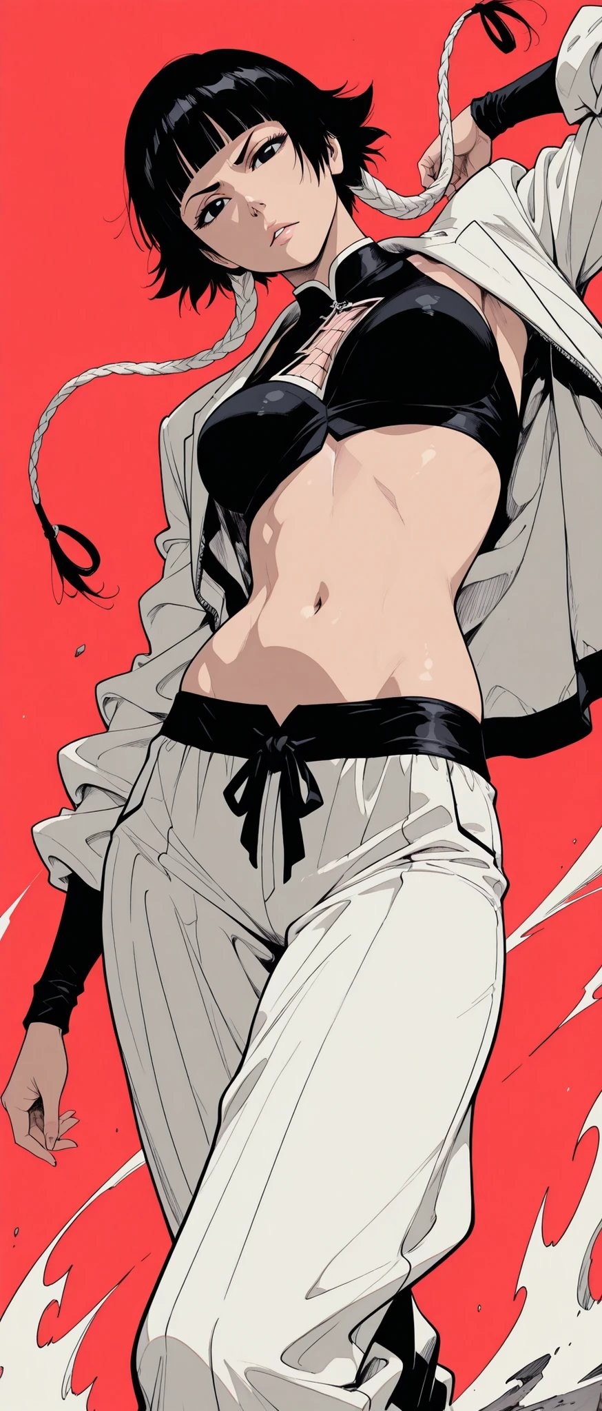El personaje de la ilustración es Soifon de Bleach, mostrando una atmósfera de batalla