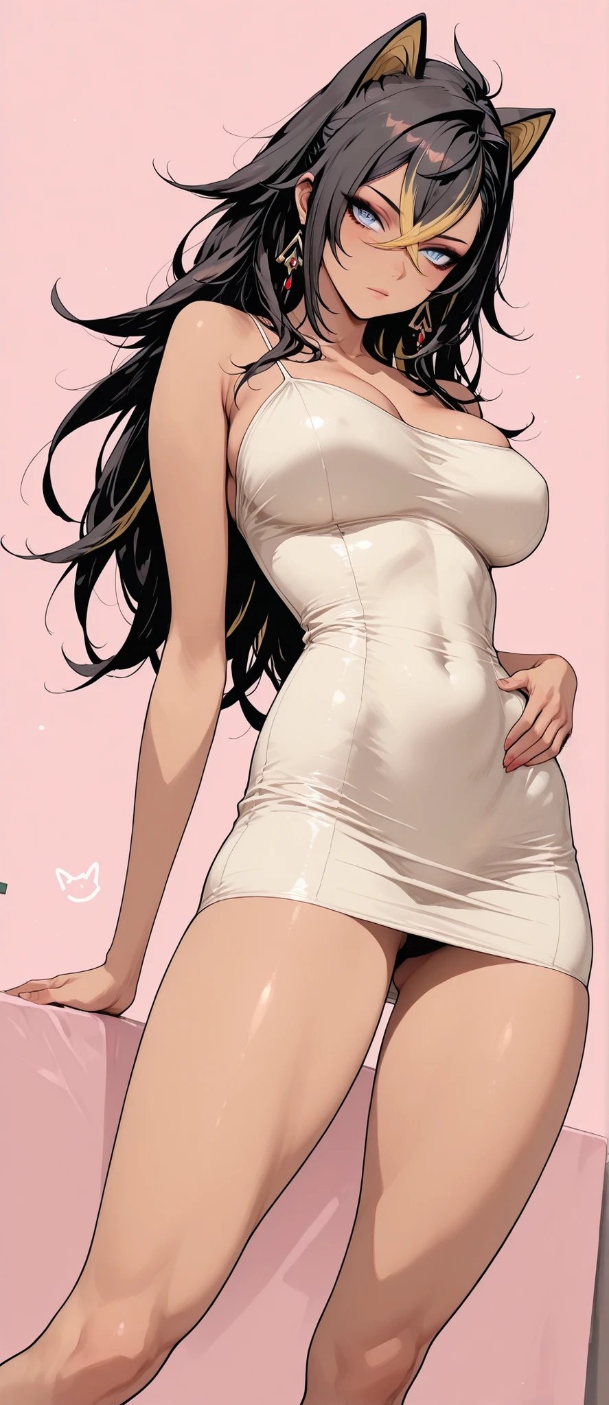 검은 긴 웨이브 머리에 금색 하이라이트, 타이트한 민소매 드레스를 입고 우아한 자태를 뽐냄