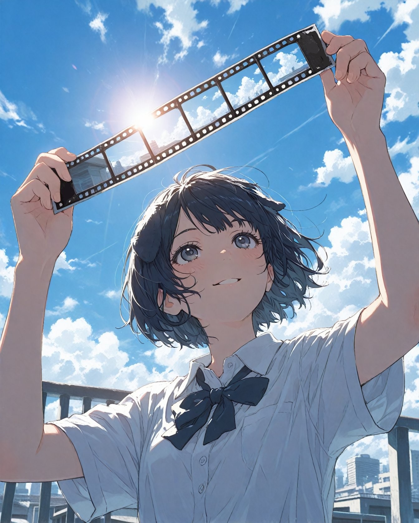 A short-haired girl holding film under the blue sky