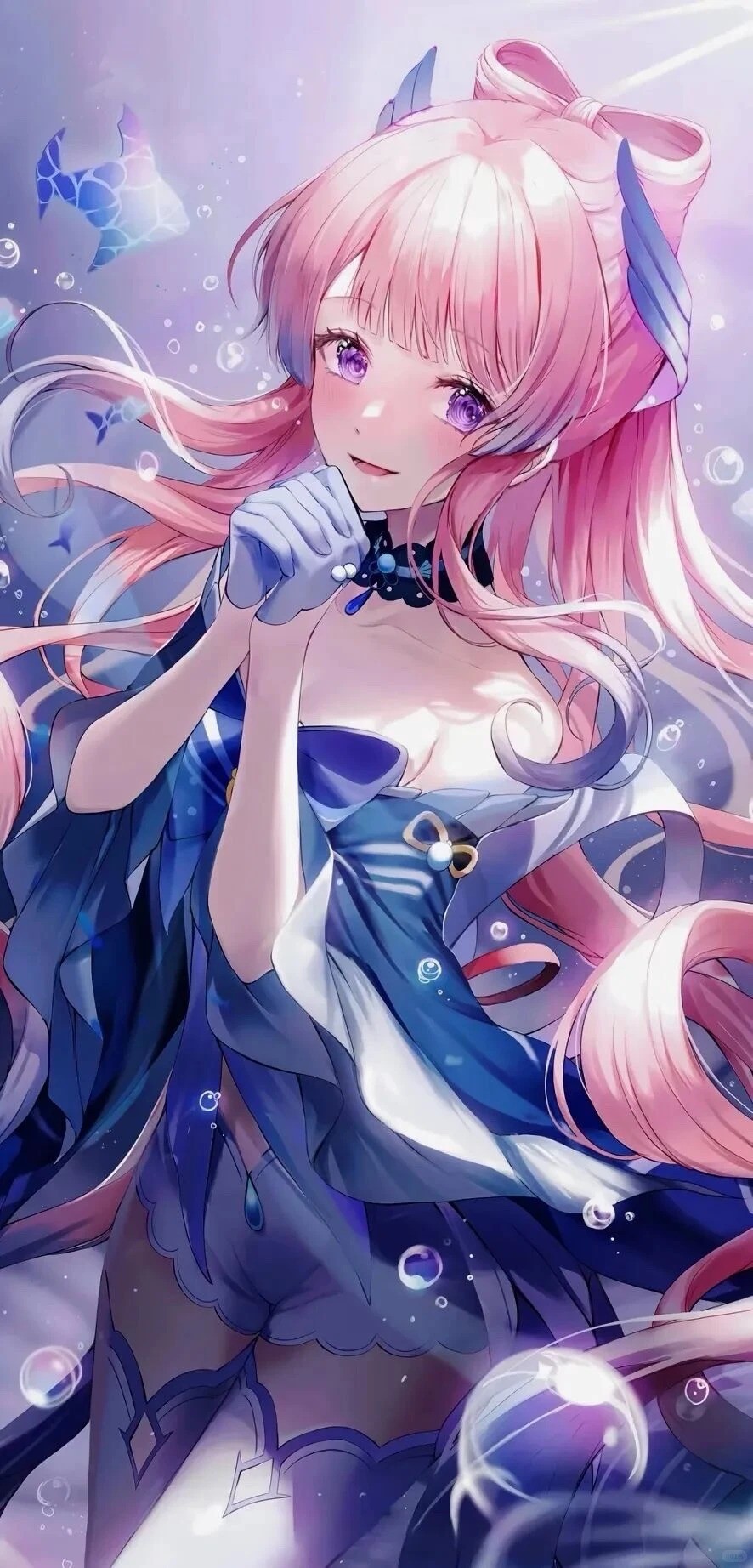 A girl with pink hair and purple eyes wears a blue dress