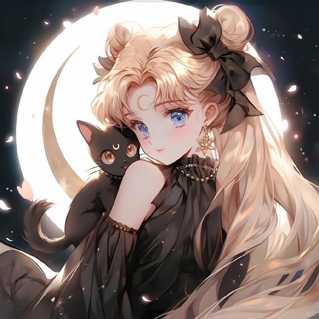 Une fille blonde en robe en dentelle noire tient un chat nommé Luna