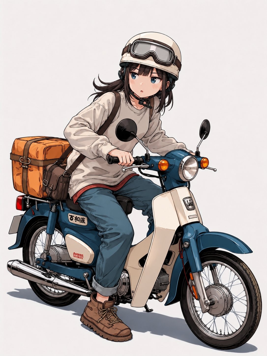 A girl rides a vintage motorcycle, showcasing a dynamic pose