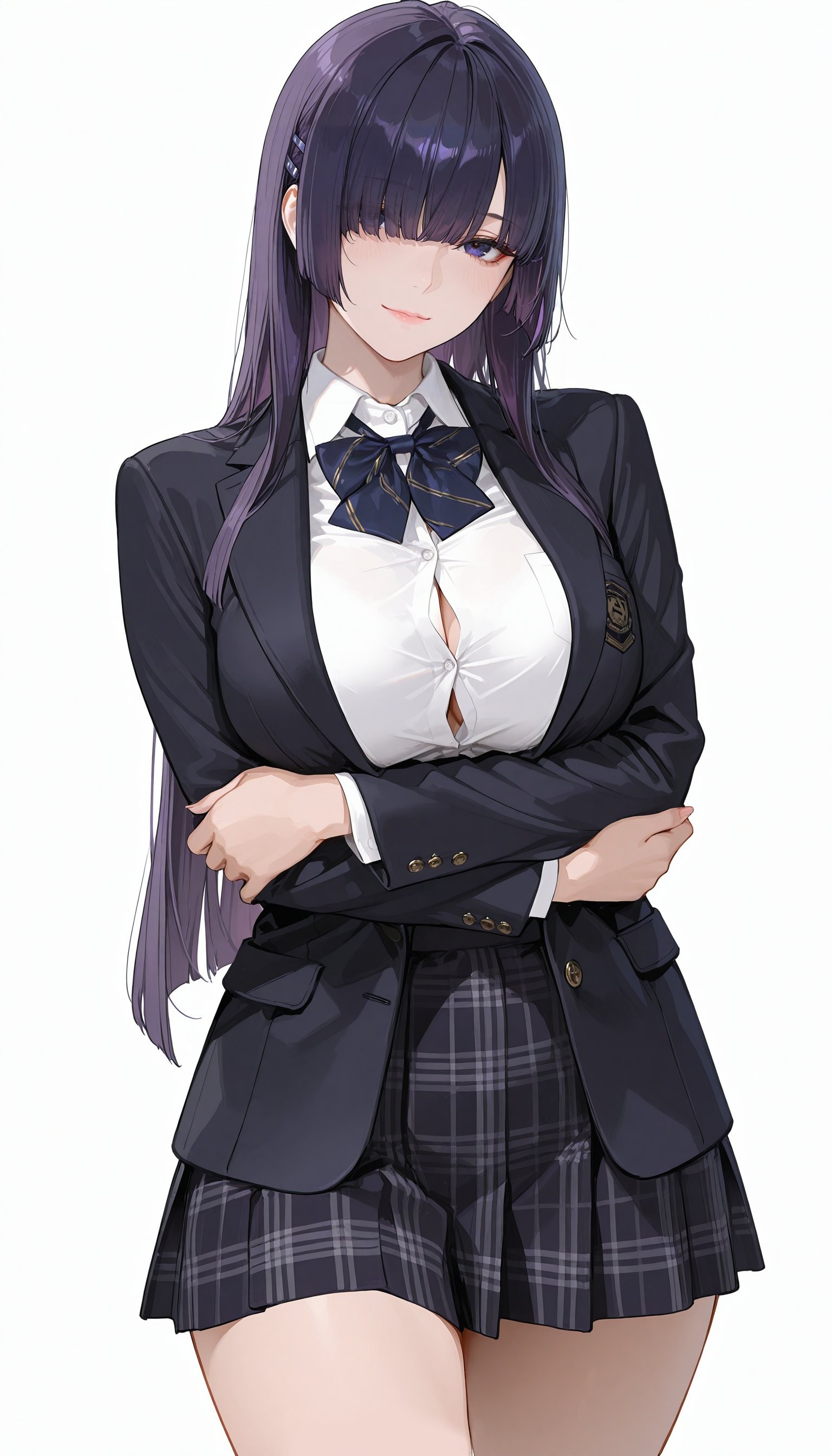 Ein Mädchen mit langen violetten Haaren trägt eine elegante Schuluniform und einen karierten Rock und strahlt Selbstvertrauen aus