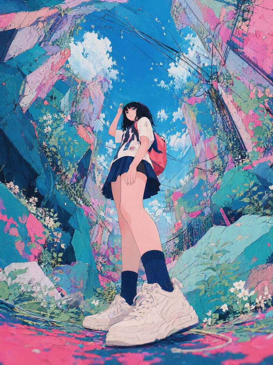 A black-haired girl looks up in the ruins canyon