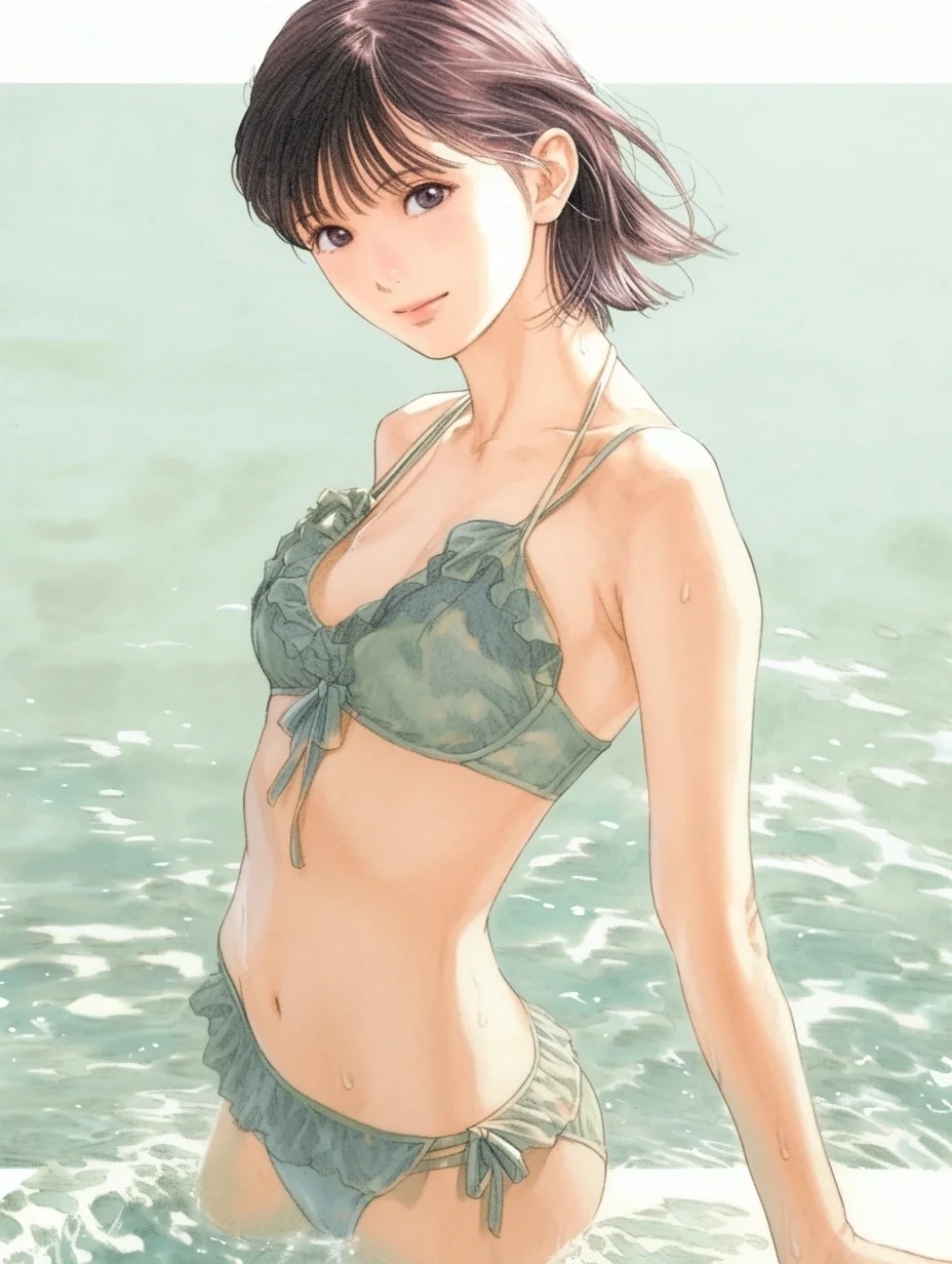 A girl with purple-brown short hair in a dark green bikini by the sea