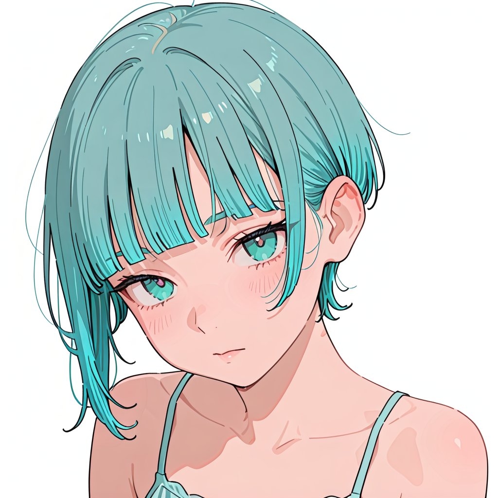 Dies ist eine Illustration eines Mädchens im zweidimensionalen Stil mit mintgrünem kurzen Haar und klaren Augen, das ein gleichfarbiges Top trägt