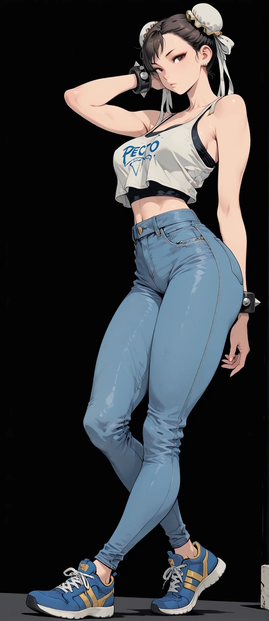 Das Mädchen mit schwarzen Zöpfen trägt ein cremefarbenes Top und hellblaue Skinny-Jeans