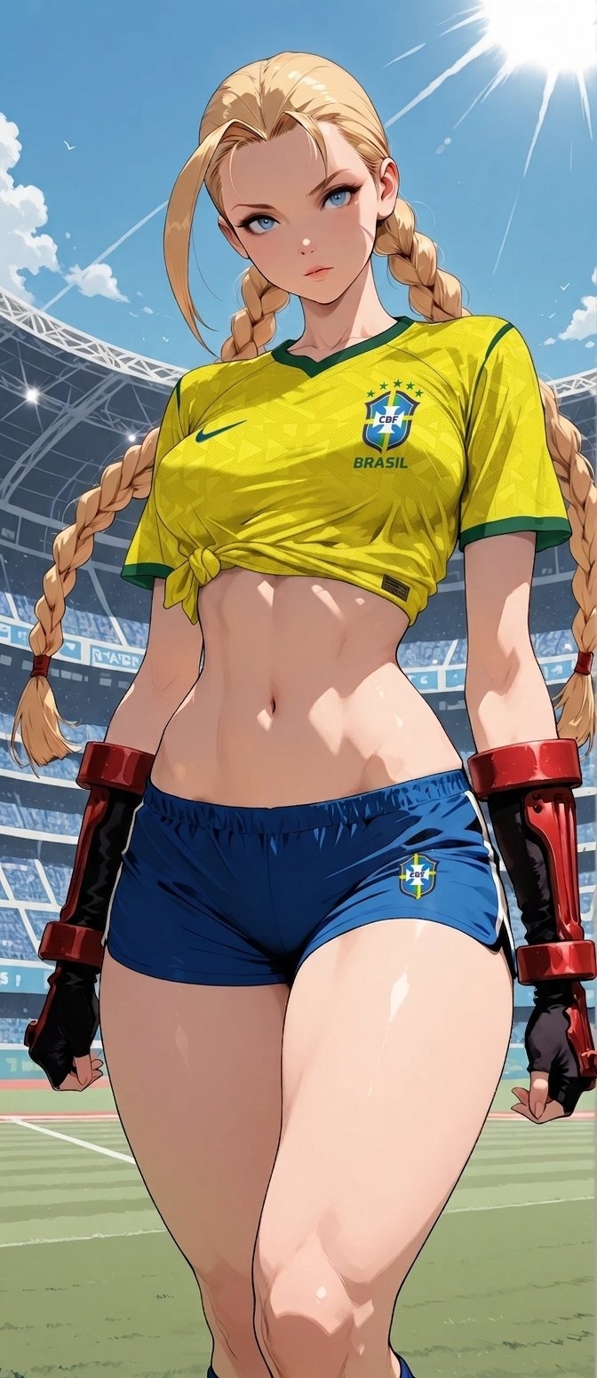 Eine weibliche Figur steht auf einem grünen Feld in der Nationalmannschafts-Trikot von Brasilien und zeigt eine Mischung aus Wettbewerbs- und Kampfstil