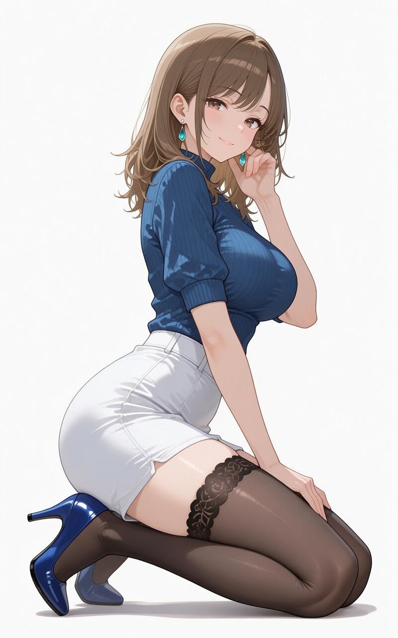 Daihao Zhenzhenzi porte un pull bleu marine à col montant avec un short blanc, associé à des chaussettes noires et des escarpins bleus