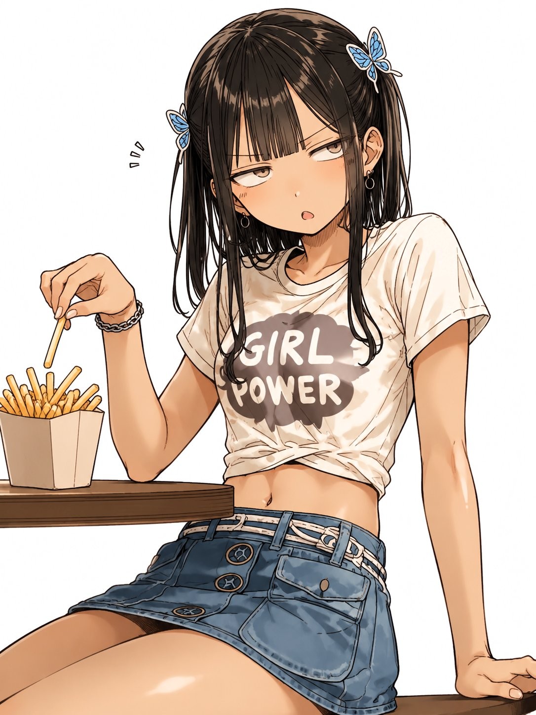 A girl showcases her vitality and personality in a dark brown T-shirt and skirt while holding fries
