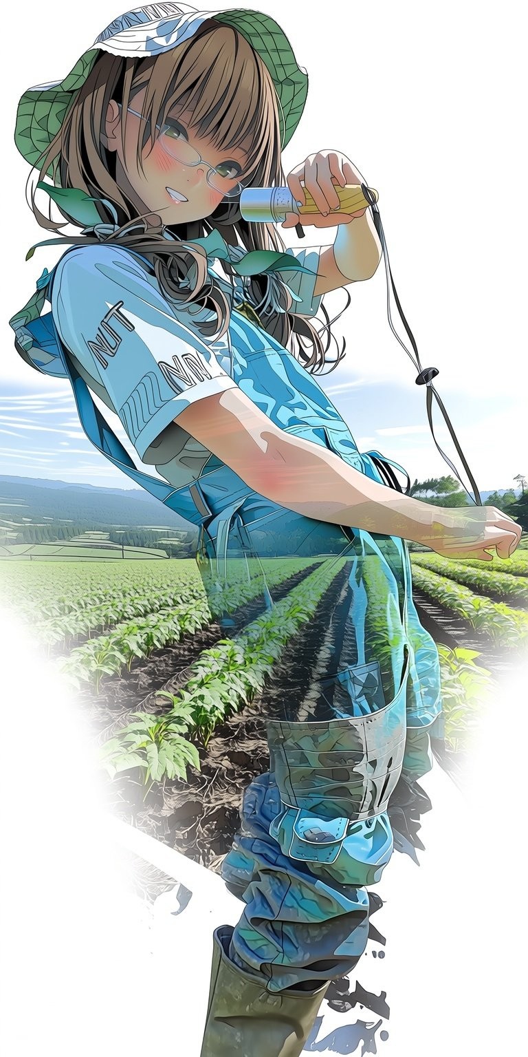 女生穿蓝T恤和迷彩工装背带裤，搭配棕色中长发和遮阳帽，背景为茶园或农田