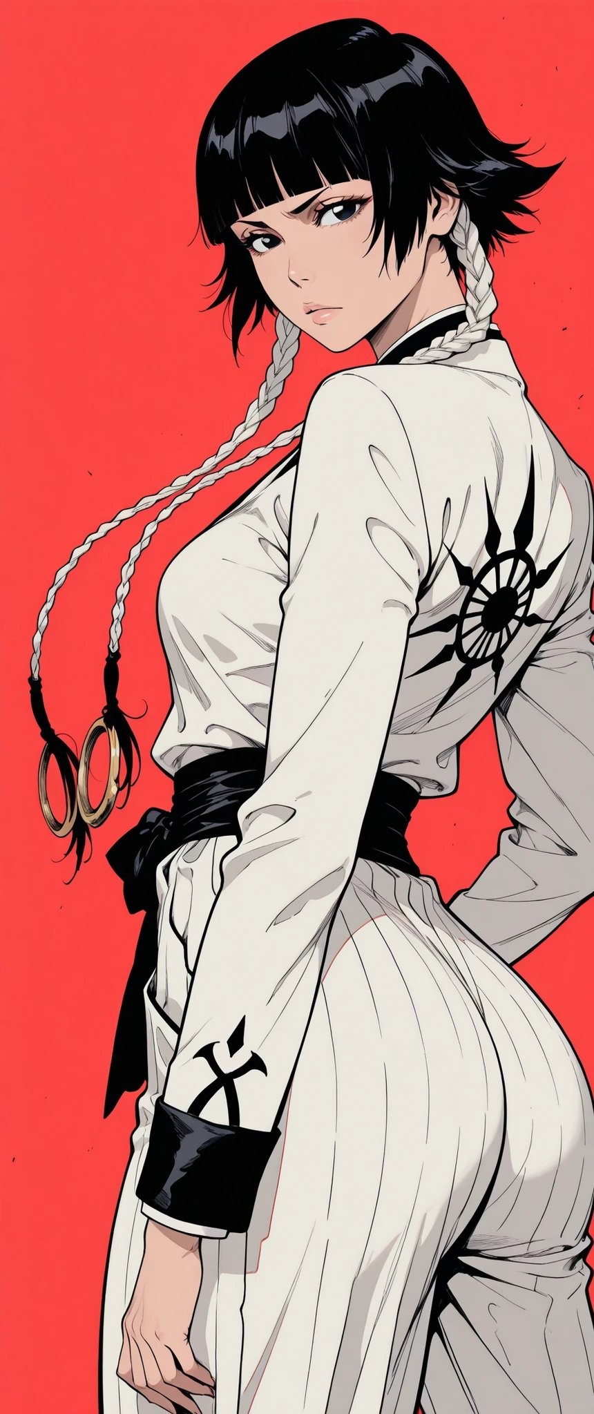 Diese Illustration zeigt den Charakter Yoruichi aus Bleach, vor einem reinen roten Hintergrund, mit einer einzigartigen Pose und einem starken Ausdruck
