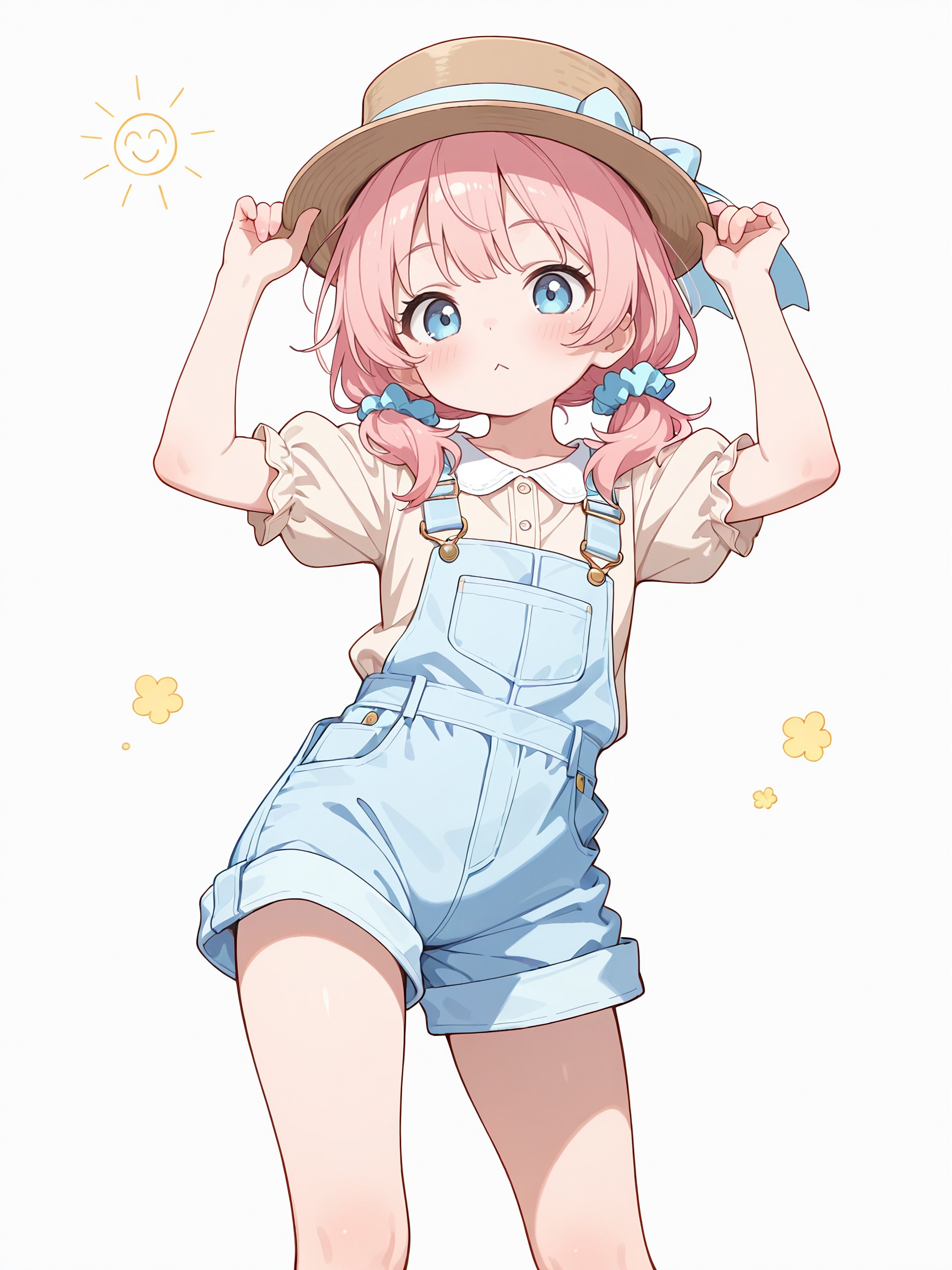 A girl with pink short hair wears a white shirt and denim overalls with a wide-brimmed hat and a cute expression