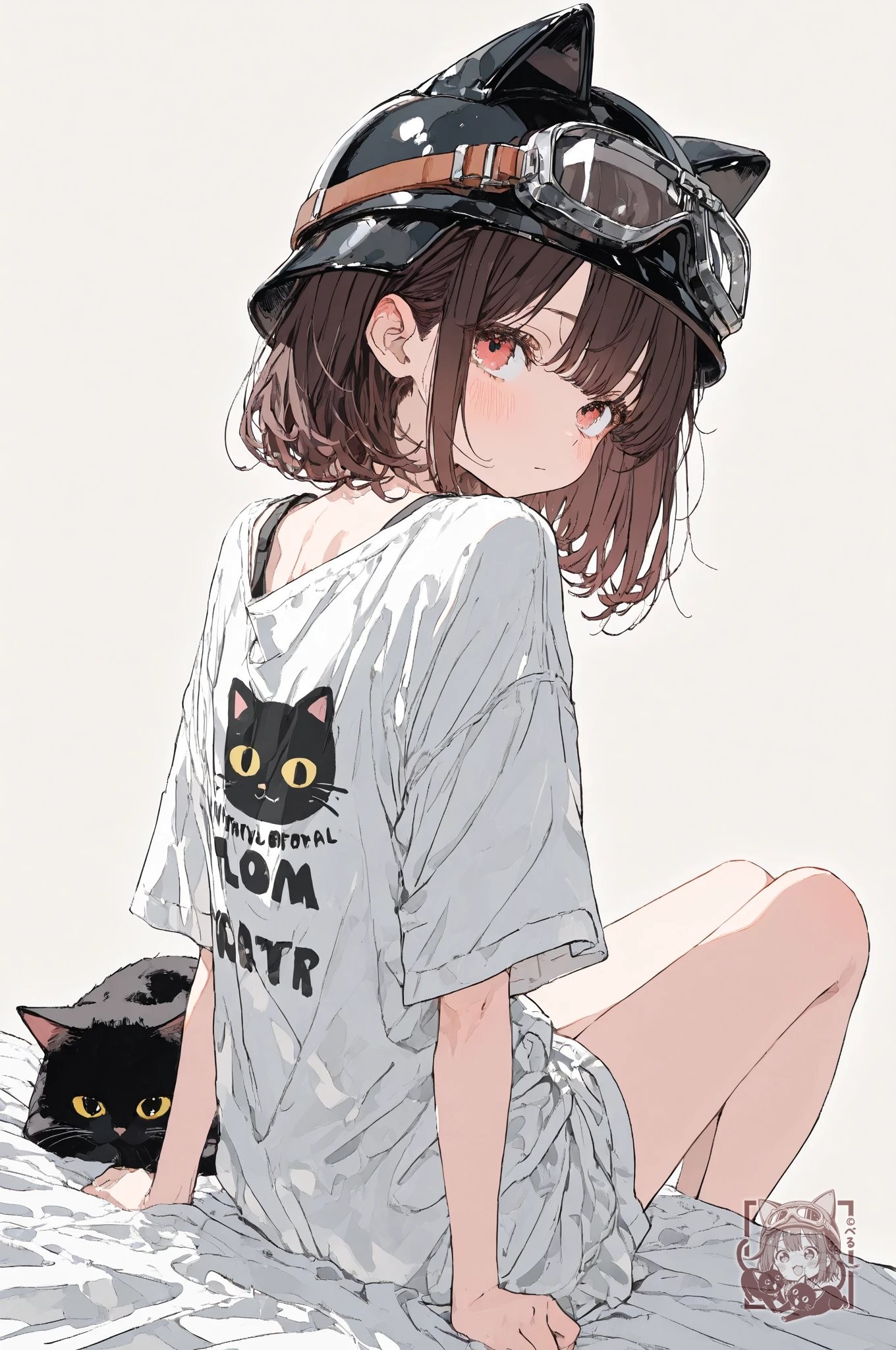 茶色の短髪の少女がグレーのTシャツとチェック柄のショートパンツを着ており、隣に黒猫がいる