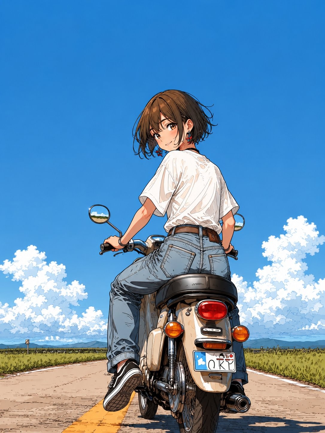 女の子が振り返って微笑み、茶色のショートヘアが風に揺れ、片手でバイクを持ちながら夏の旅行の雰囲気が漂う