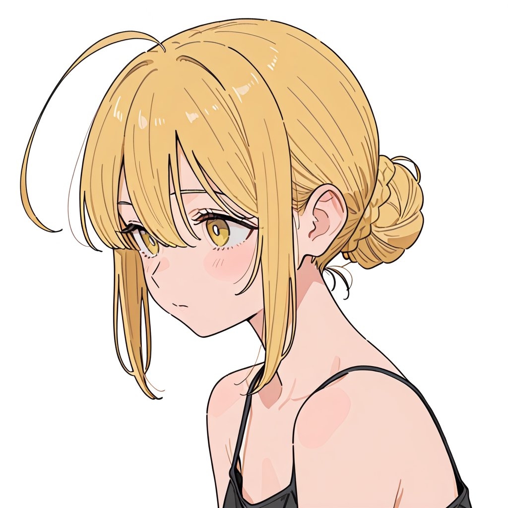Ein blondes Mädchen blickt zurück und trägt ein schwarzes Oberteil