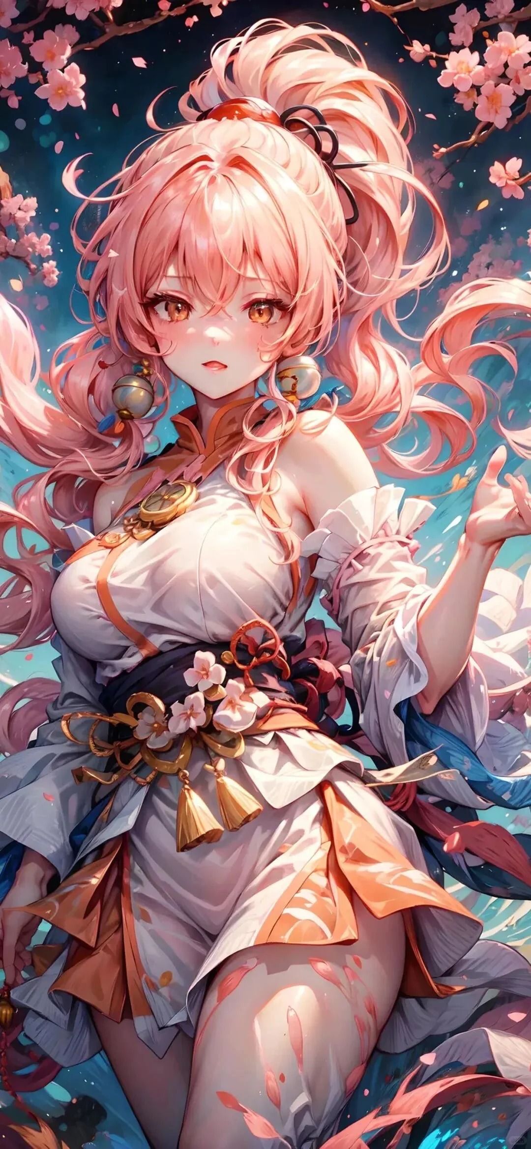 Ein Mädchen mit rosa Haaren, das traditionelle Kleidung trägt, zeigt den Charme der östlichen Ästhetik