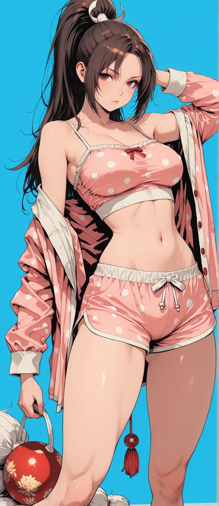 Eine Frau in rosa Nachtwäsche hält einen roten Weinkrug und strahlt eine entspannte und selbstbewusste Sommeratmosphäre aus