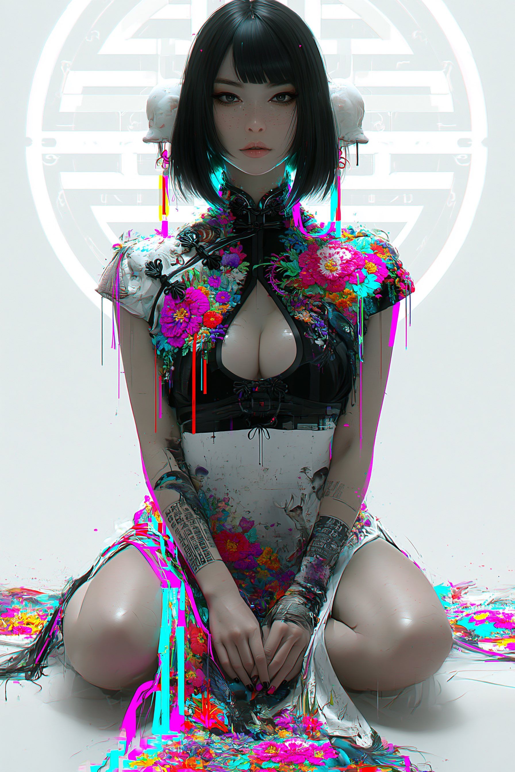 黑短发女性穿着中式与现代融合风格的服装，展现赛博朋克与东方主义的特色