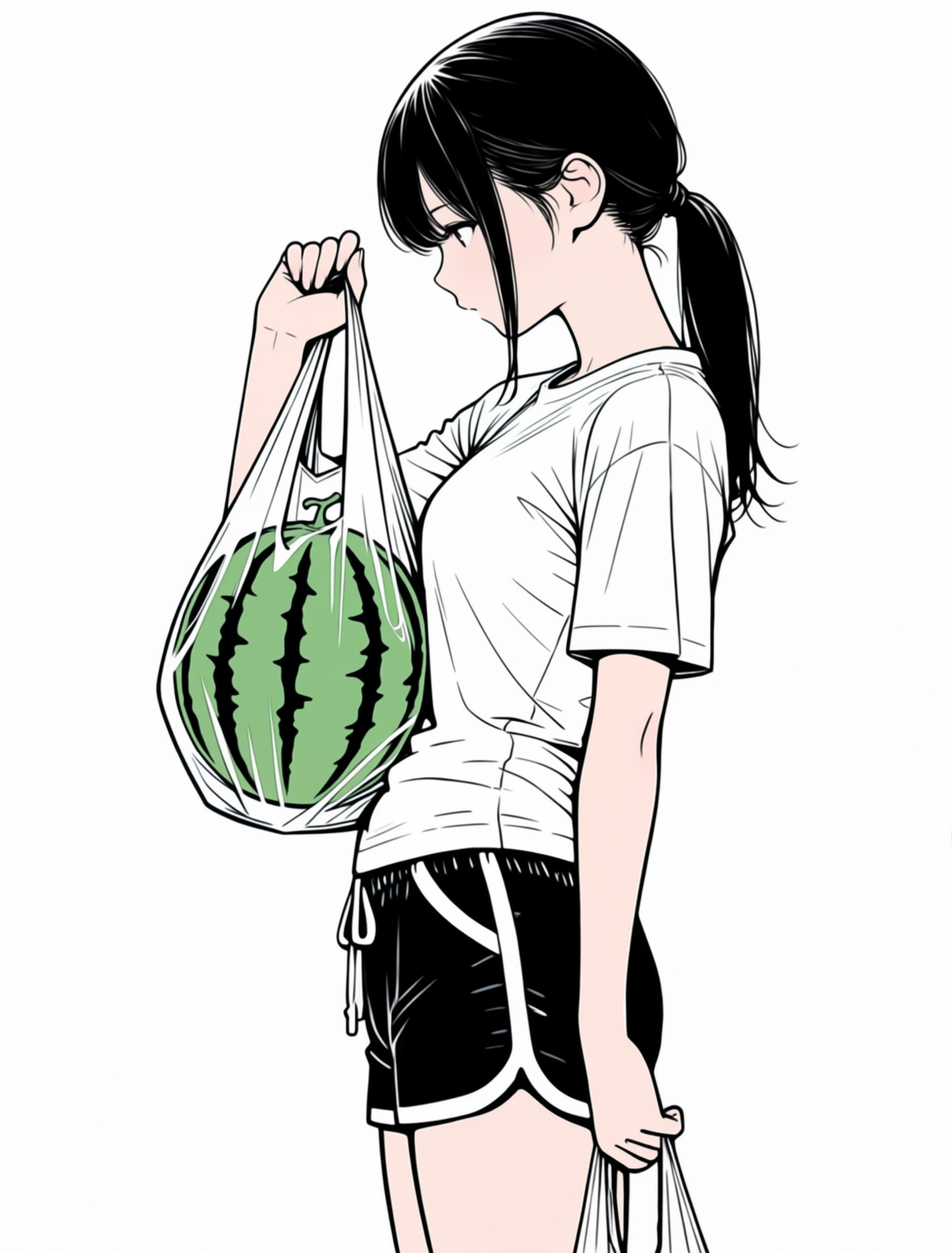 A girl carrying a watermelon home, wearing a white T-shirt and black striped shorts