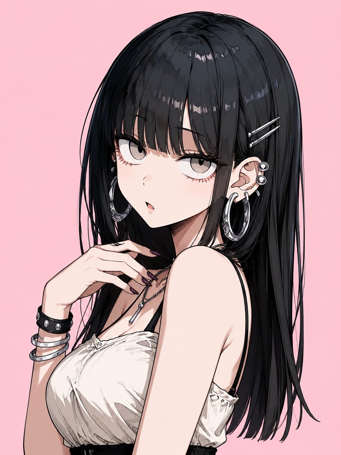 A girl in a strap white shirt and flowing black hair embodies rebellion and fragility