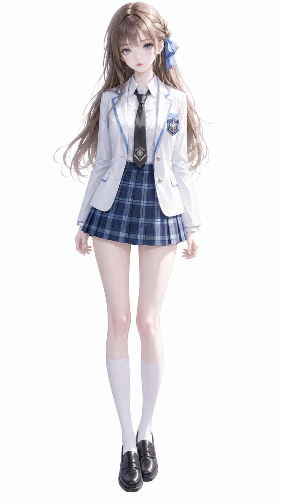 소녀는 흰색 교복과 체크 무늬 스커트를 입고 긴 머리를 파란 리본으로 땋고 있습니다
