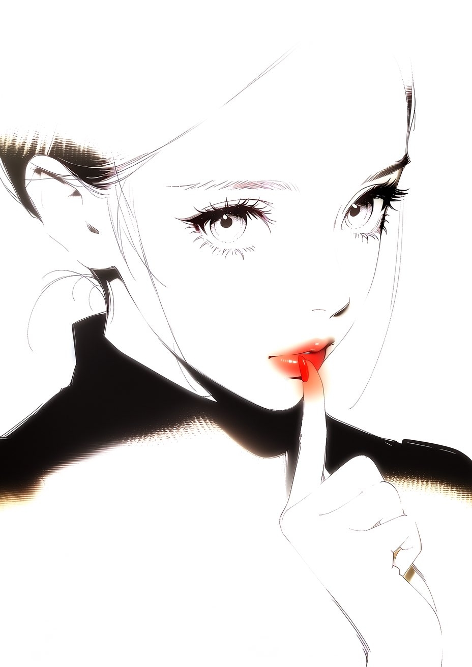 黑色短发和深棕色眼瞳的神秘插画女性