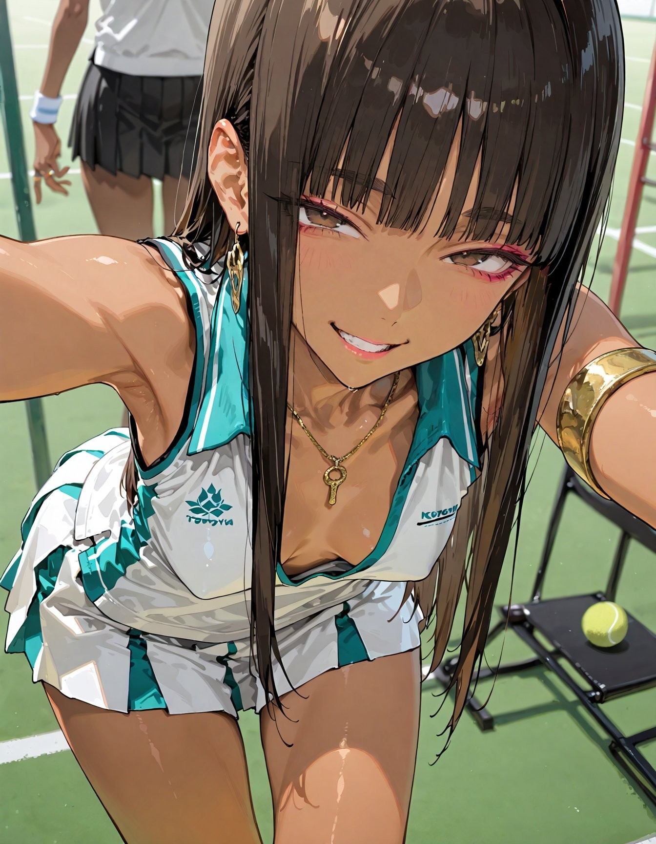 暗い肌のテニス少女が自信あふれるスポーツ魅力を見せている
