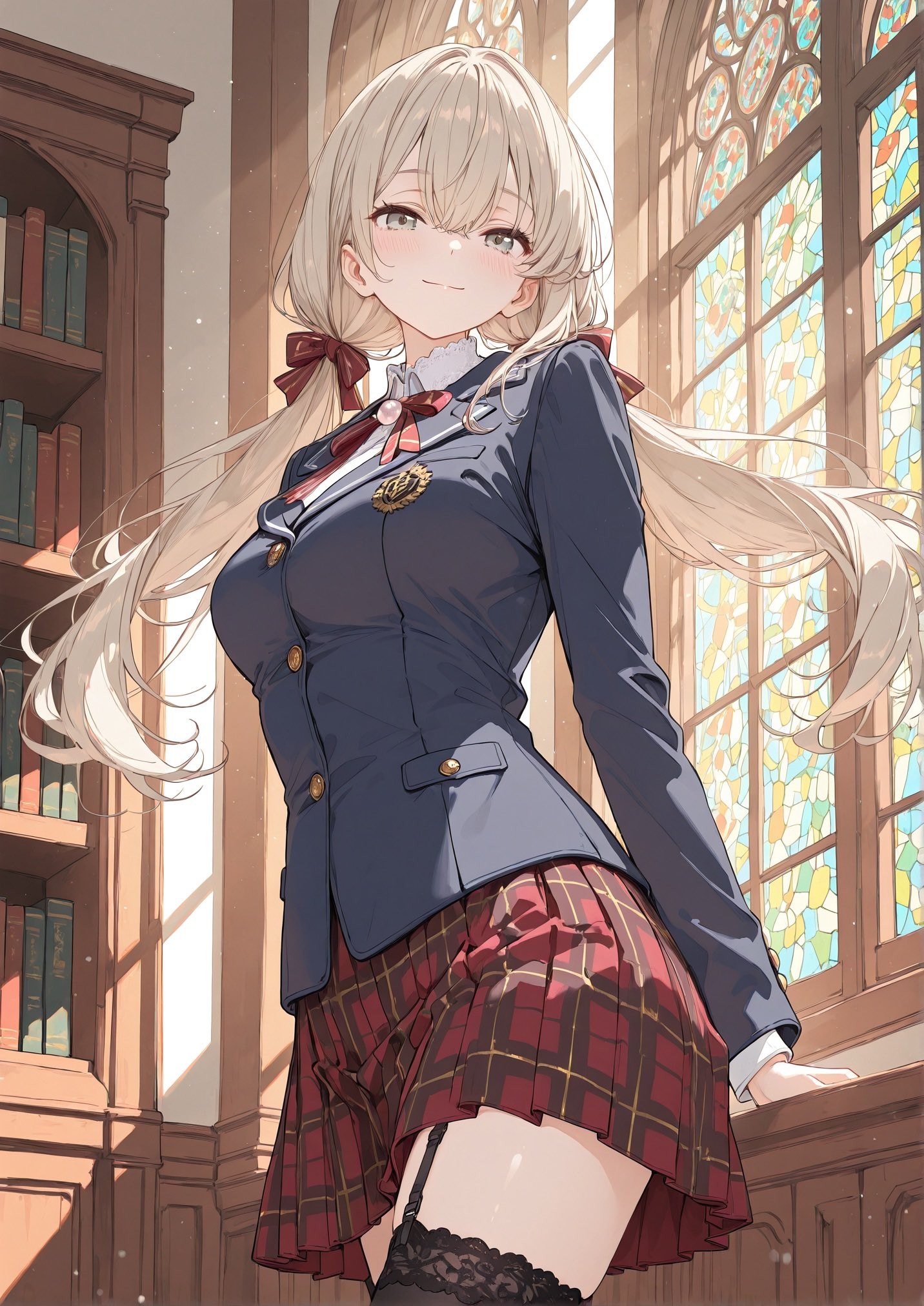 Fondo de pantalla de una chica de cabello rubio con dos coletas en uniforme JK en una biblioteca