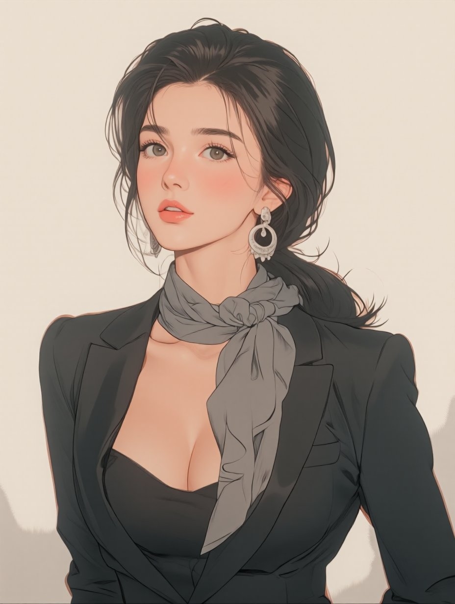 二次元の優雅な女性は黒髪のローポニーテールで黒いスーツを着ている