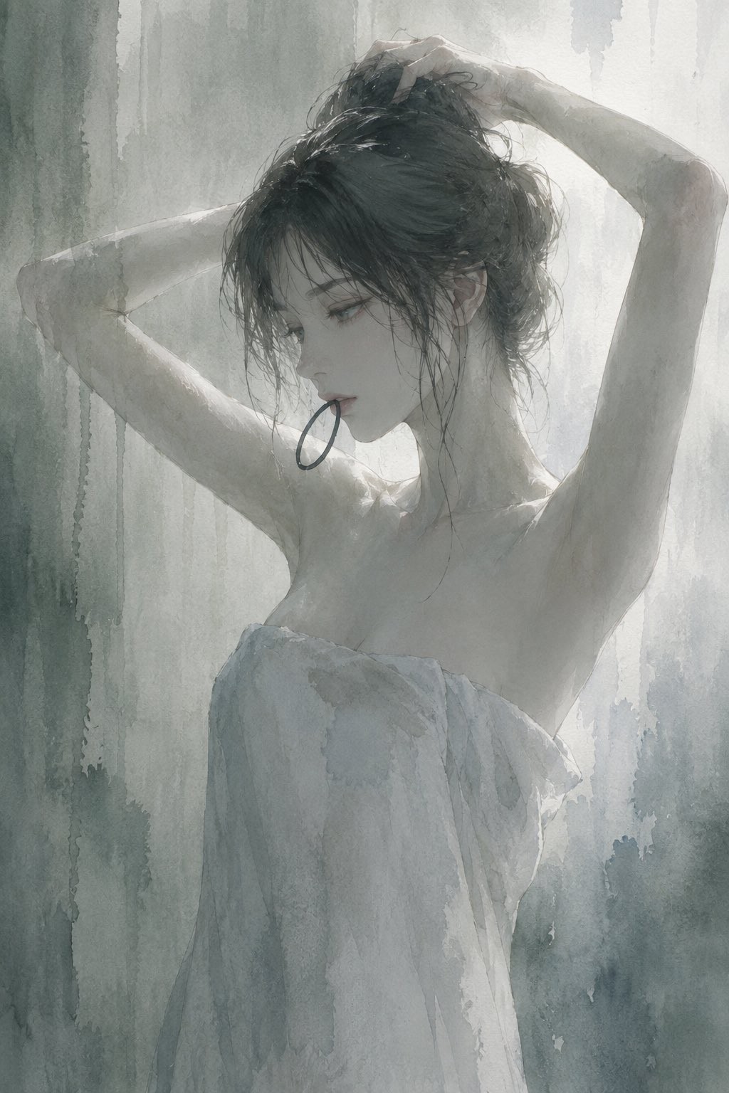 Aquarell zeigt ein schwarzes Mädchen, das in ein schlichtes Handtuch gehüllt ist