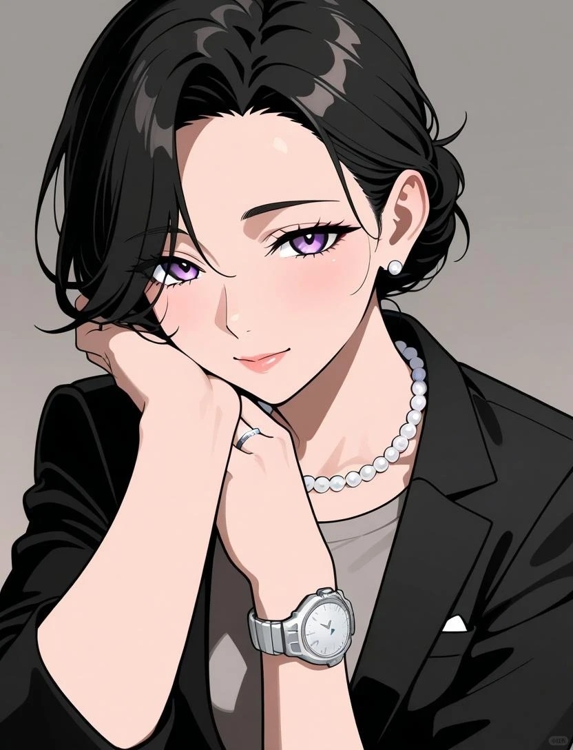 紫の瞳と黒髪の女性が黒いスーツとグレーのトップスを着ています
