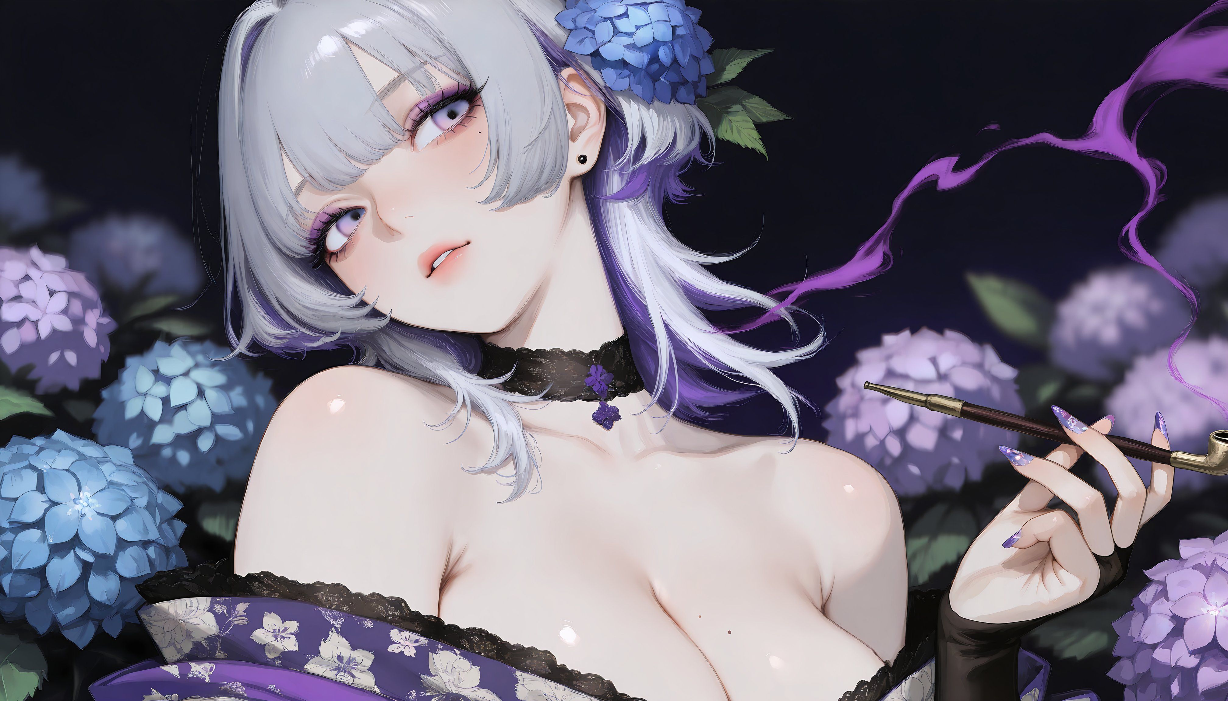 A female character with silver-purple gradient hair adorned with blue hydrangeas, wearing a purple floral off-shoulder outfit, holding a long pipe with purple smoke rising