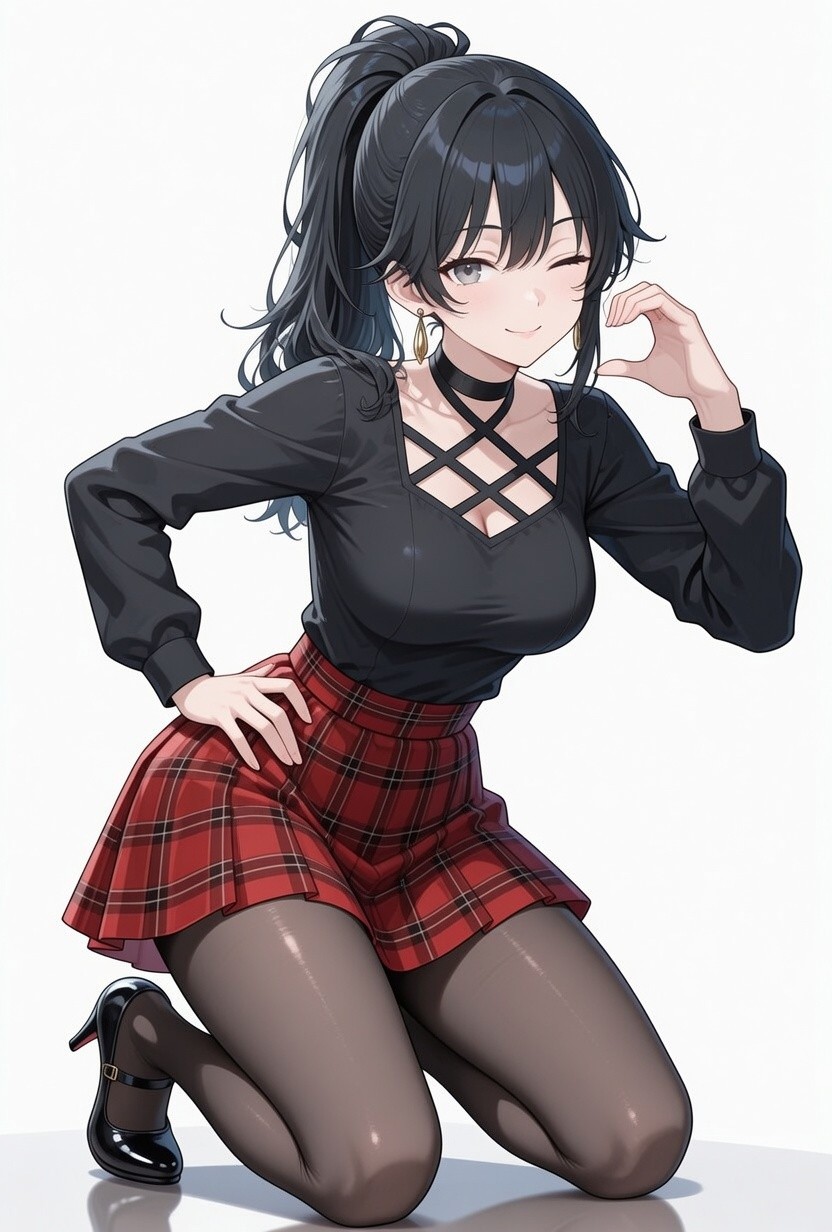 A black-haired female character showcases vibrant fashion in a black long-sleeve top and red plaid skirt
