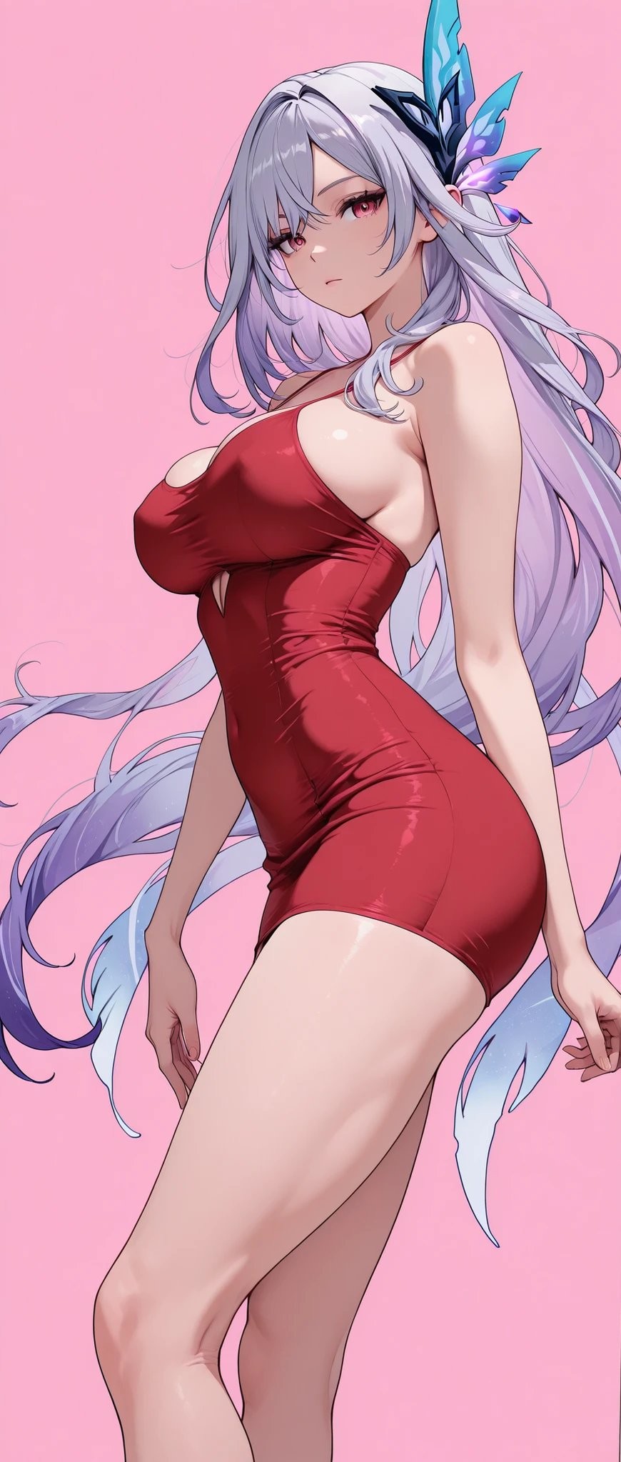짙은 갈색 머리와 갈색 눈을 가진 소녀가 검은색 슬리브리스와 연한 파란색 와이드 팬츠를 입고 있습니다
