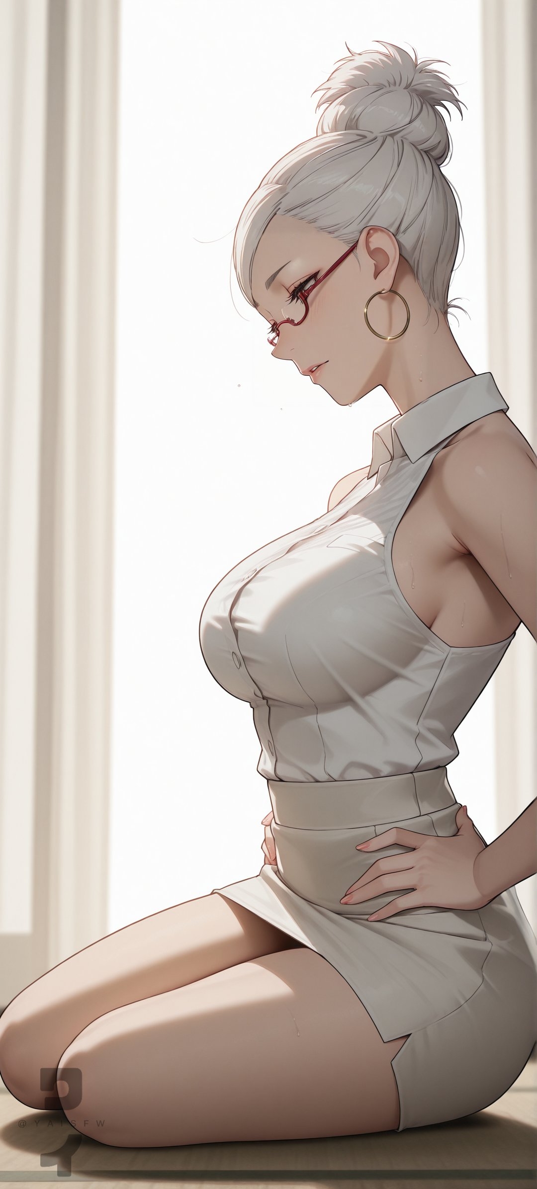 A silver-haired female character wears a light beige sleeveless dress with red glasses and gold earrings