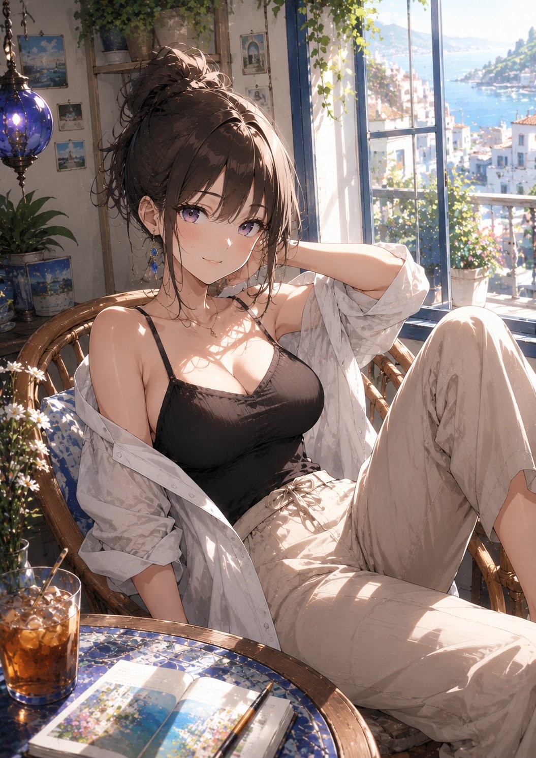 A girl with a dark brown bun wears a black tank top and beige pants, enjoying the sunlight...