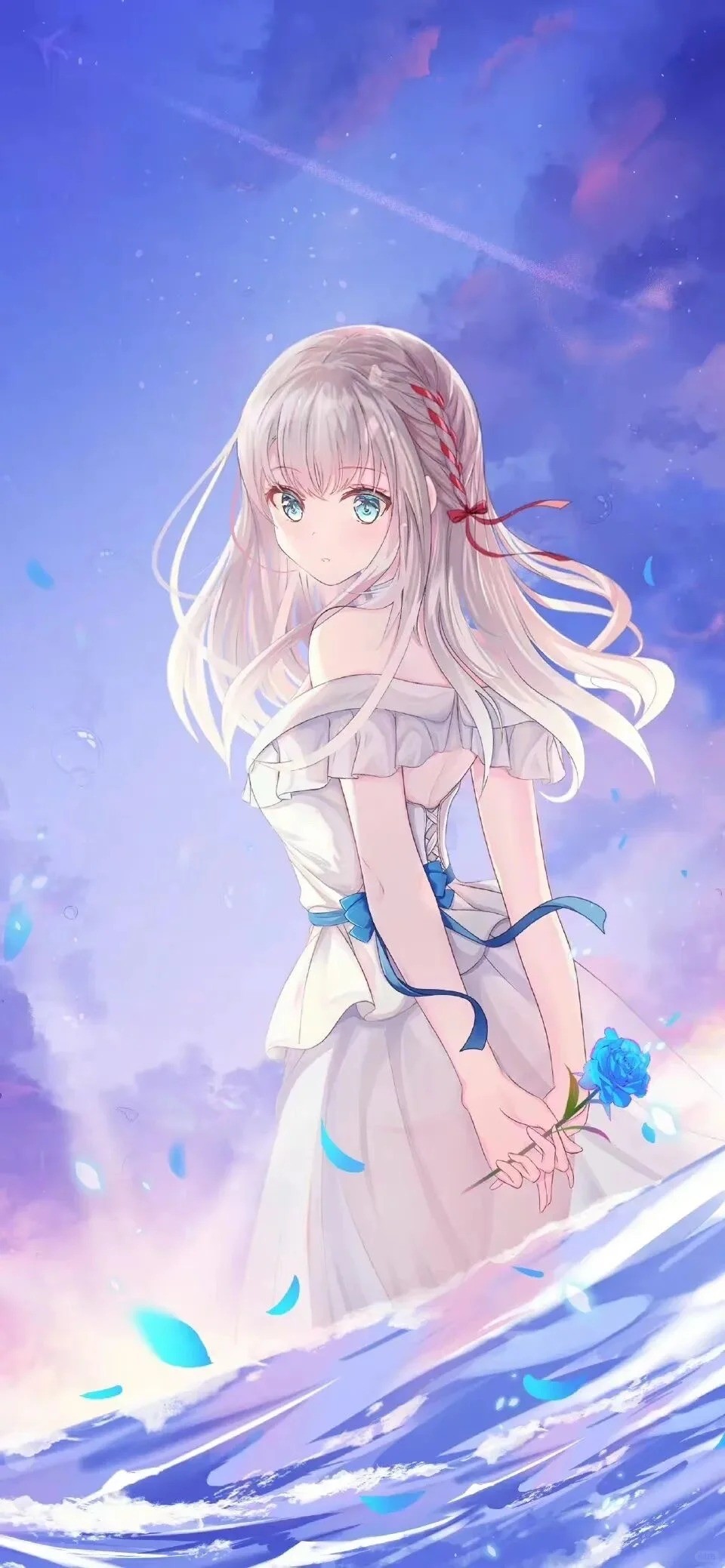 A silver-haired girl with blue eyes in a white off-shoulder dress holding a blue rose