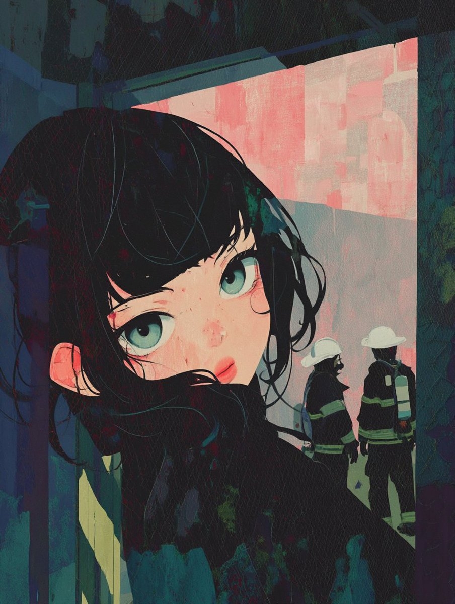 A black-haired girl conveys anxiety and vulnerability in a post-disaster scene