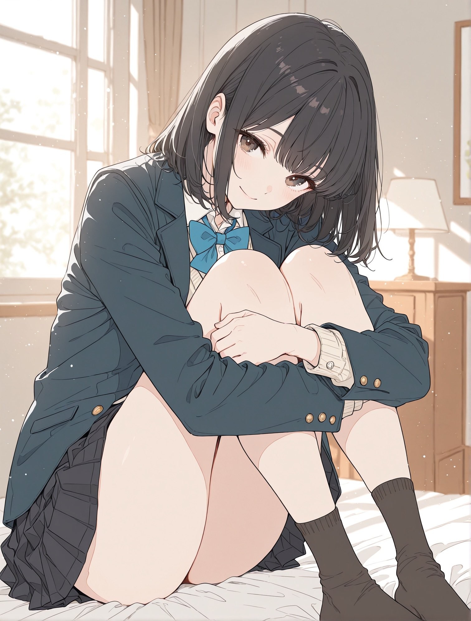 黒いスーツと青い蝶ネクタイのJK少女が膝を抱えている