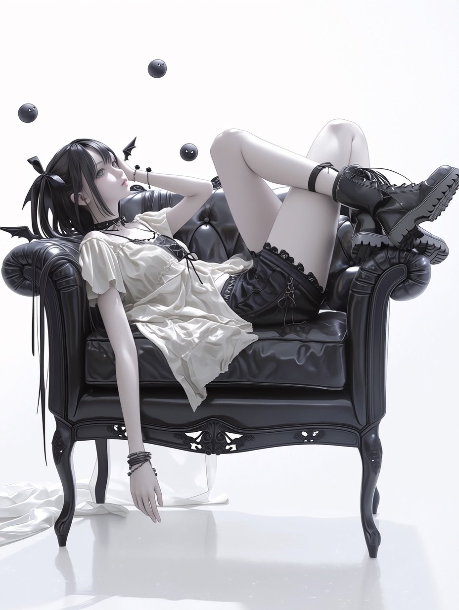 哥特风少女慵懒斜倚在黑色皮椅上，搭配黑色长发和戏剧性饰品