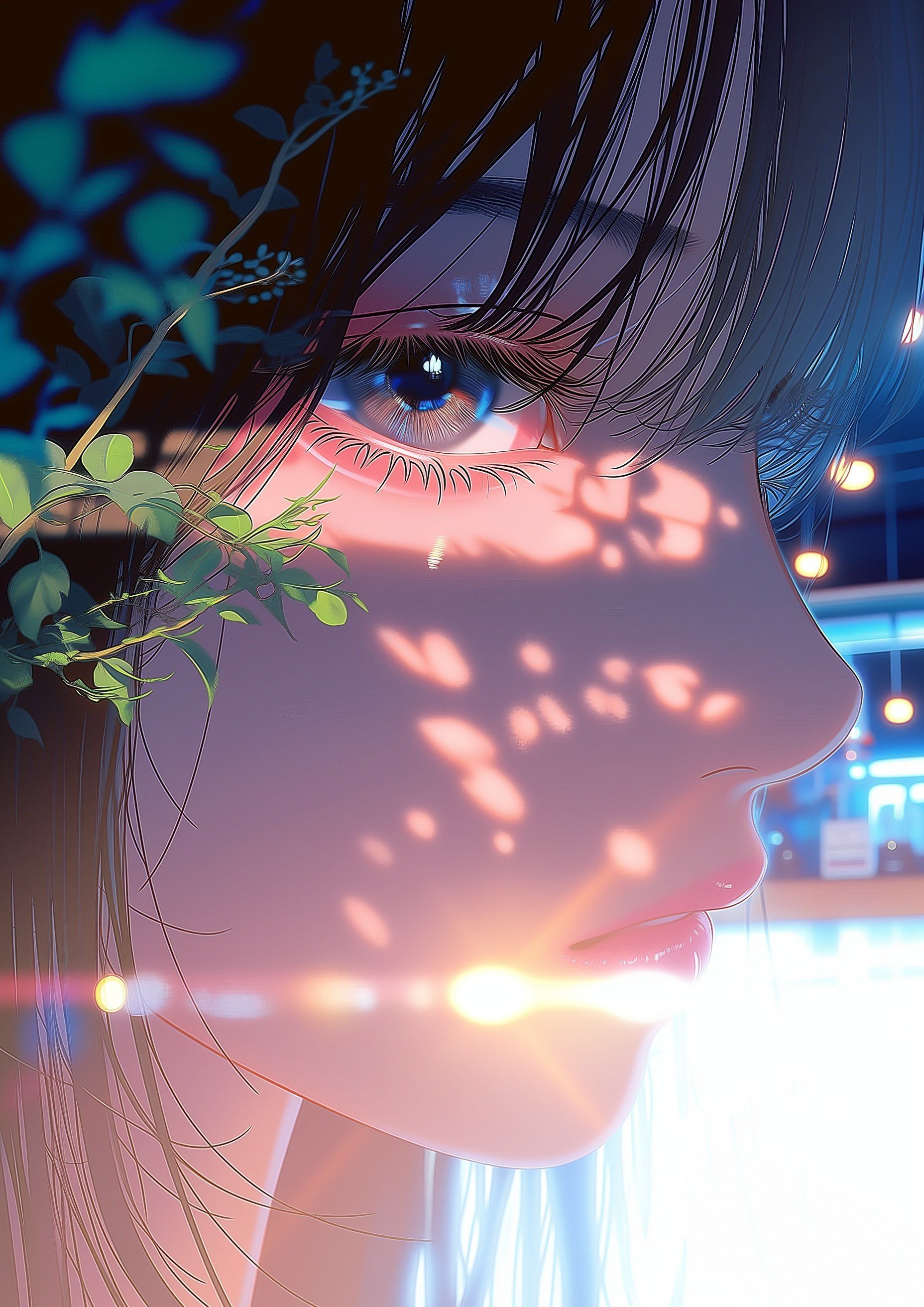 A 2D girl with black hair and blue eyes in the night scene