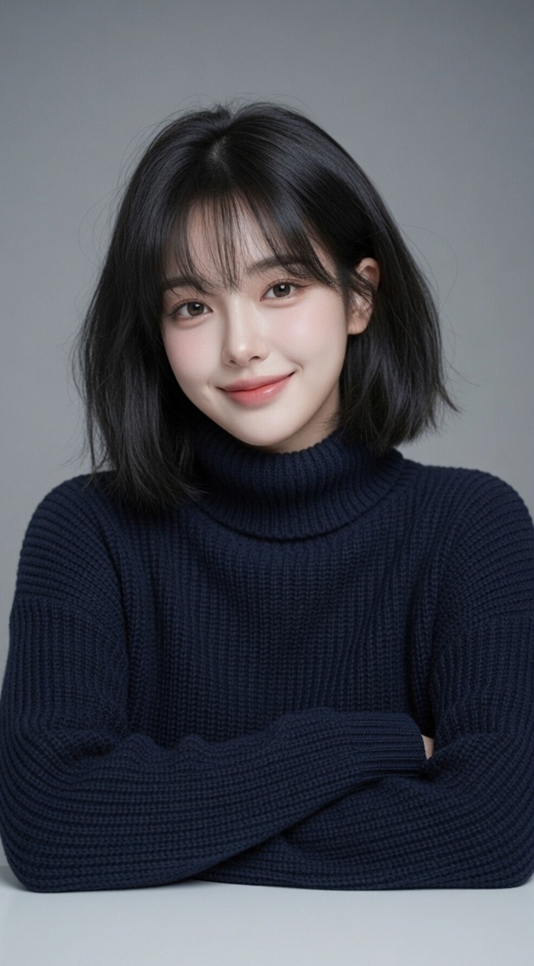 年轻女性穿藏青色高领毛衣