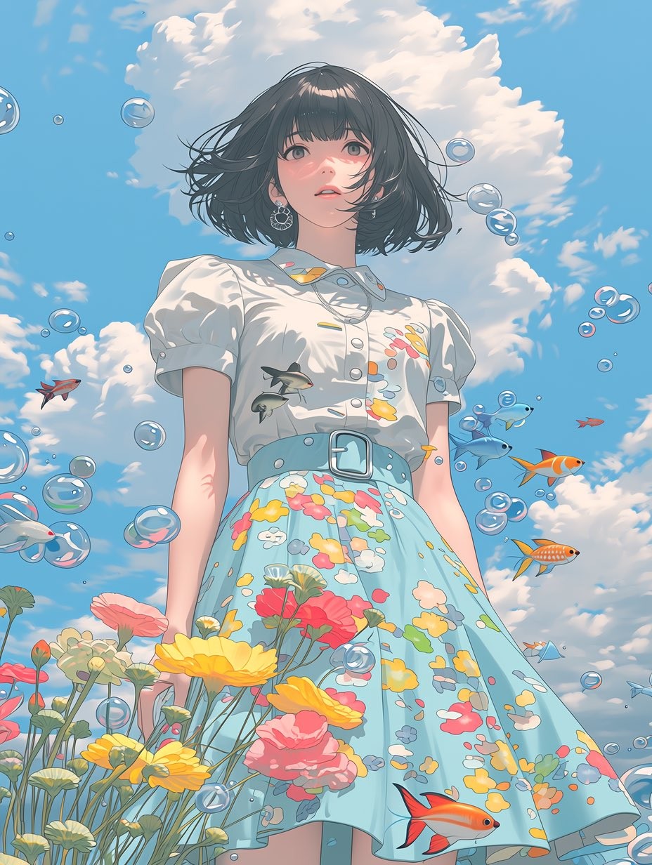 A short-haired girl in a light blue floral dress dances with bubbles and goldfish in a flower field