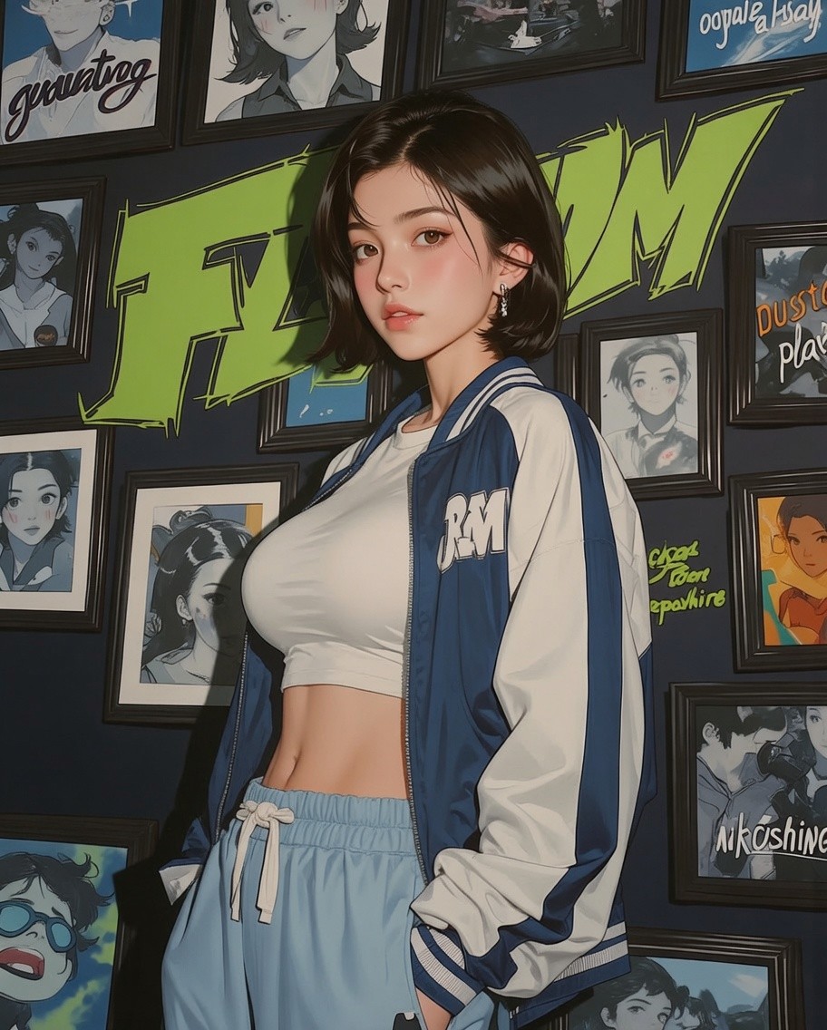 Wallpaper of a short-haired girl in a blue and white baseball jacket and light blue sports pants