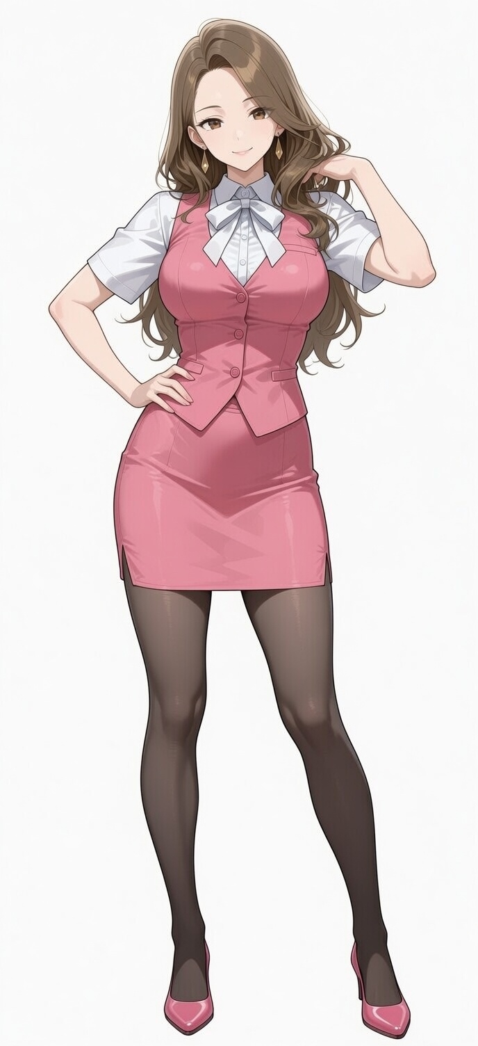 Das Modell trägt ein pinkes Uniform, das ein modisches Neunkopfverhältnis zeigt