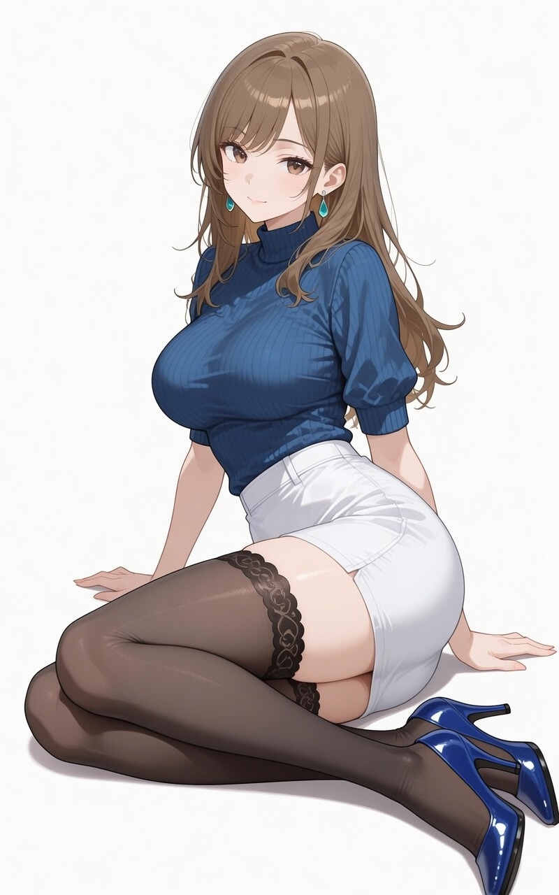 Uma mulher com cabelo castanho ondulado usa um suéter de gola alta azul escuro e uma saia branca justa, acessório com brincos de turquesa e sapatos de salto azuis, no estilo OL